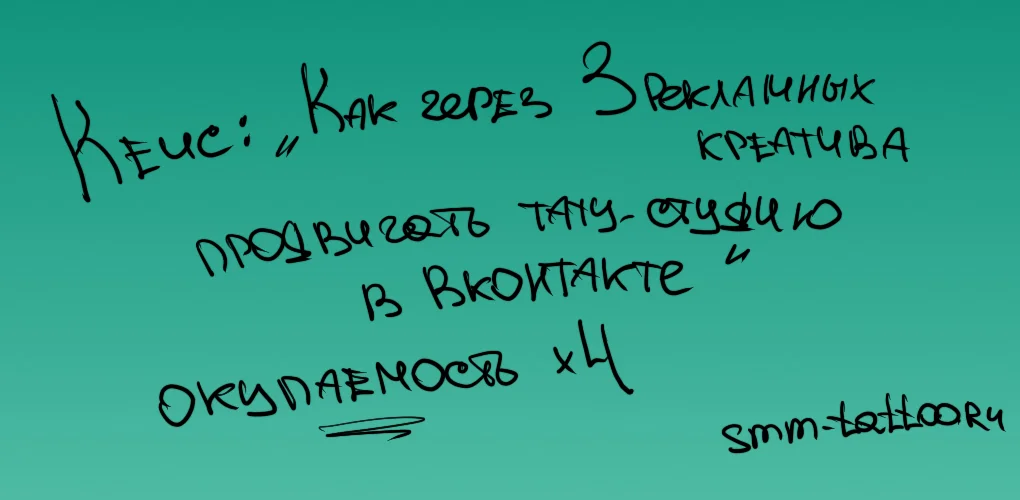 Кейс ВКонтакте: Продвижение тату салона через 3 рекламных креатива. Окупаемость x4
